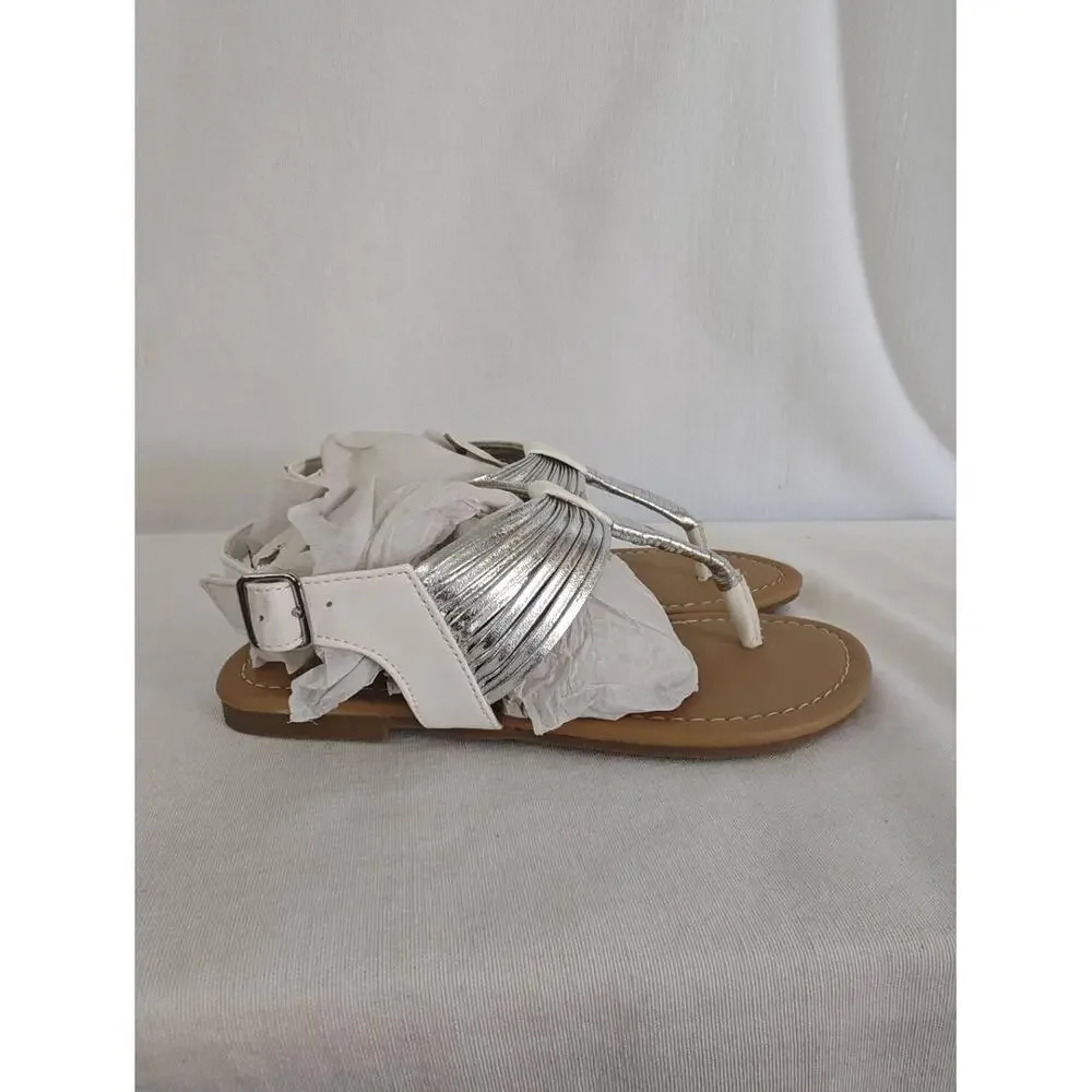 Mia Kids Sandals Harlow While Silver Metallic Thong T-Strap Flats Girls Youth‎ 1